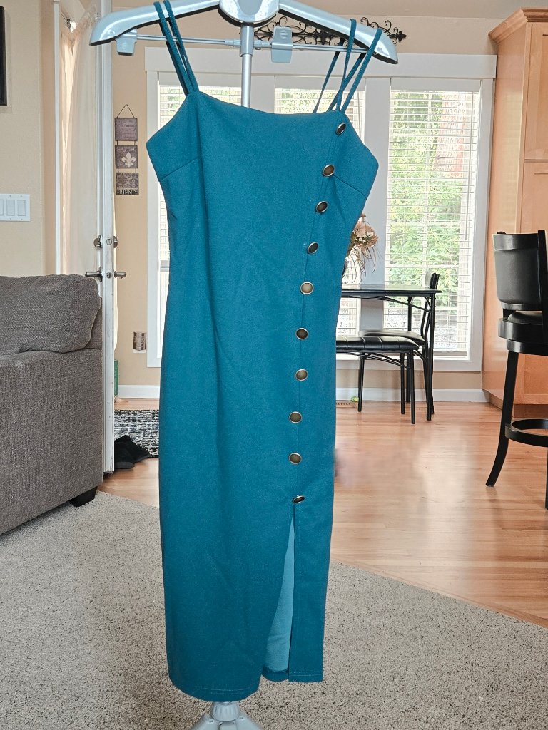 Nwt Zeagoo Sz Med Teal Slim Fit Button Front Accented Spaghetti Strap Dress — image 2 of 4